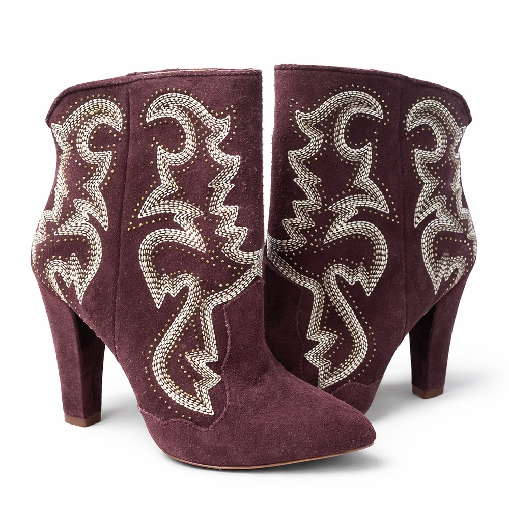 Steve Madden Size 6 Burgundy Suede Western Embroidered Ankle Booties Heels - Picture 2 of 8
